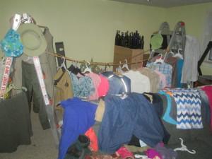 Sprayed clothing drying in the basement.  I call it the "Irish tenement" look.