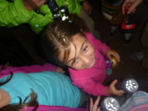 For obvious reasons, we don't have many good pictures from the night tour.  This is a phosphorescent beetle, kind of like a firefly, on Lanie's head.