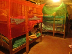 Our room features multicolored mosquito nets.