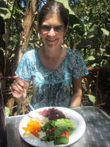 Good wife happily eating virtuous food.