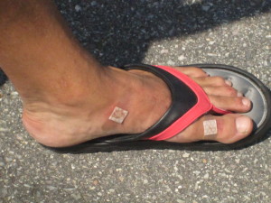 I'm wearing size 10 ladies flip flops and multiple bandages.