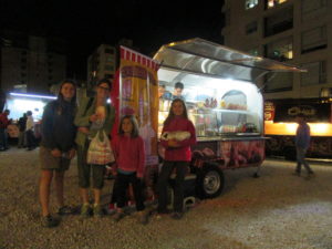 On our ramblings tonight we found a parking lot full of food trucks.  We enjoyed some fresh-made Homer Simpson mini-doughnuts.